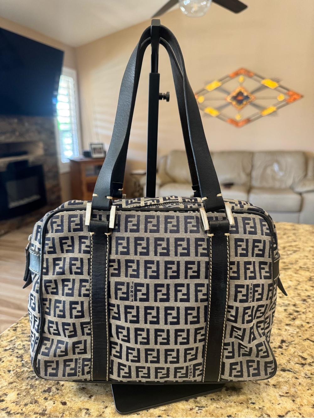 Fendi Blue/black FF Logo Canvas Boston bag